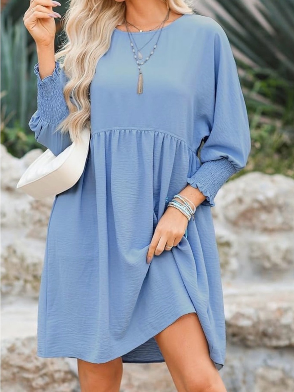 Light Blue Smocked‎ Babydoll Dress - Women